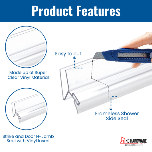 KC Hardware 95 Inch Frameless Shower Door Side H-Jamb Seal, Glass Shower Door Seal Strip (135 Degree) for 3/8 Inch (8-10mm) Thick Glass, Water Guard That Prevents leaks, Ultra Clear