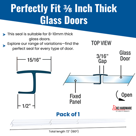 CBW Frameless Shower Door Side Seal Strip H-Type 180 Degree 72'' Length, Clear (3/8'' Glass)